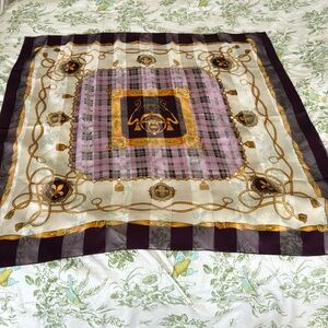 Beautiful Silk Scarf Royal British Pattern w/ Purple & Gold Stripes and Plaid